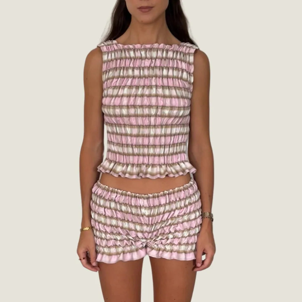 The Olivia Plaid Ruffle Summer Set – Smocked Tank & High-Waist Shorts