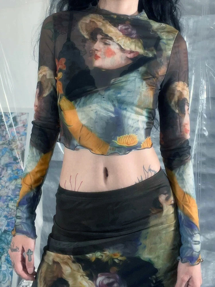 Y2K Grunge Collection- Vintage Paint Maxi Skirt Set