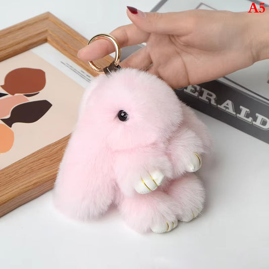 Rabbit Keychain Ring Fluffy Real Fur Pompon Bunny Trinket Key Chain Charm Cute Key Ring on Bag Car Key Pendant