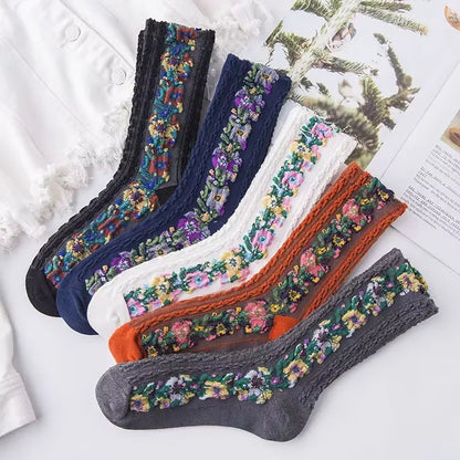 Women'S Socks Pure Cotton Flower Embroidery Medium Tube Socks Retro 2024 Trend Ethnic Style Spring Summer