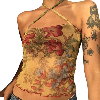 Grunge Y2K Collection- Floral Crossover Mesh Tank Cami