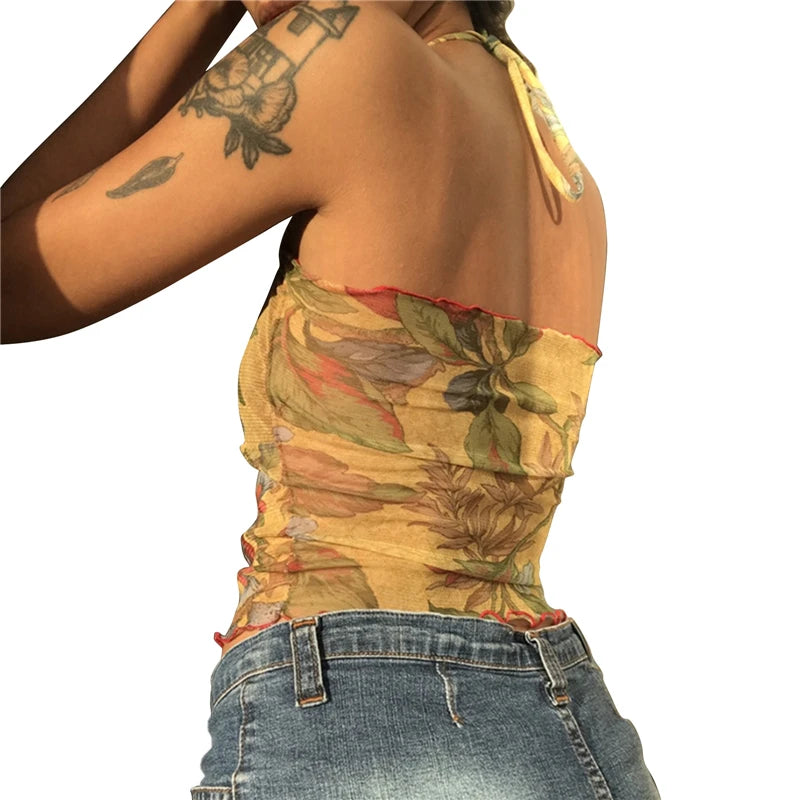 Grunge Y2K Collection- Floral Crossover Mesh Tank Cami