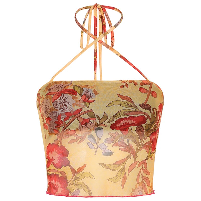 Grunge Y2K Collection- Floral Crossover Mesh Tank Cami