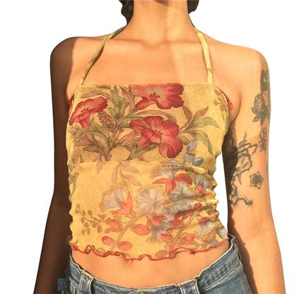 Grunge Y2K Collection- Floral Crossover Mesh Tank Cami