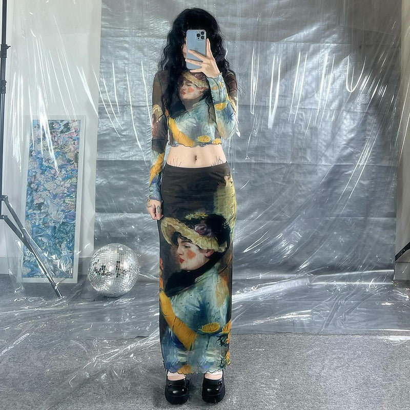 Y2K Grunge Collection- Vintage Paint Maxi Skirt Set