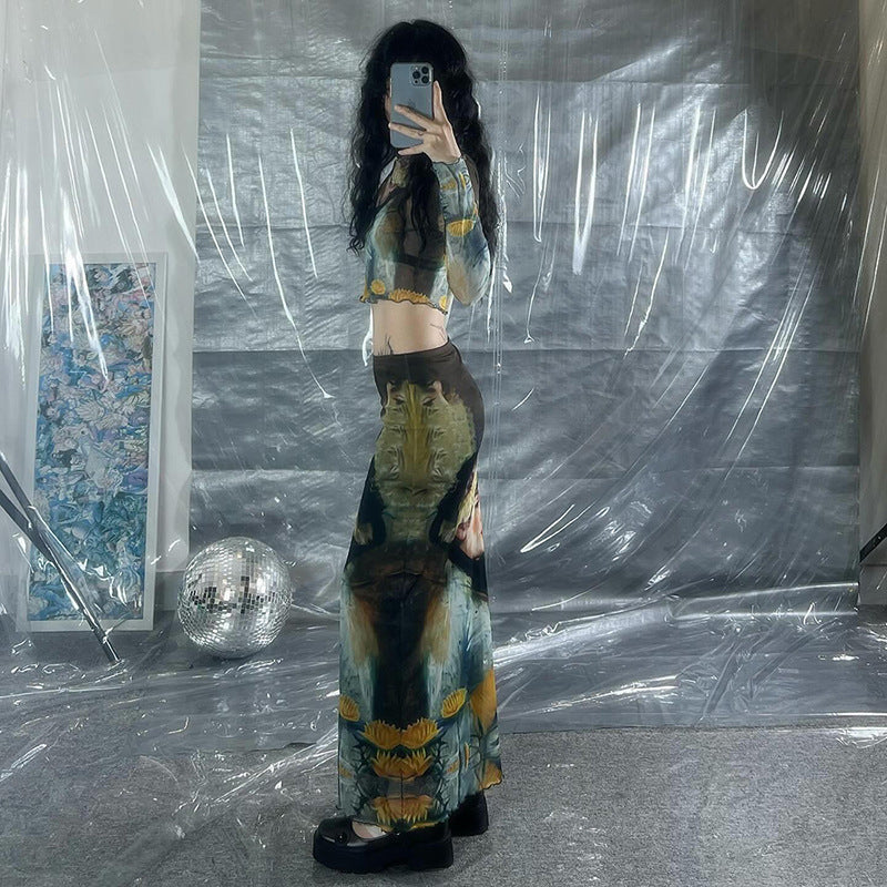 Y2K Grunge Collection- Vintage Paint Maxi Skirt Set