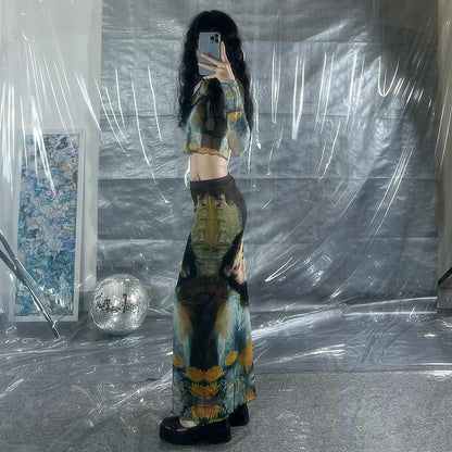 Y2K Grunge Collection- Vintage Paint Maxi Skirt Set