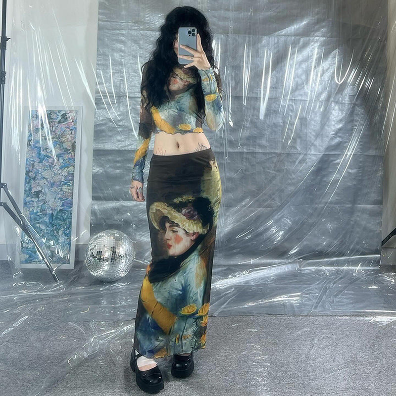 Y2K Grunge Collection- Vintage Paint Maxi Skirt Set