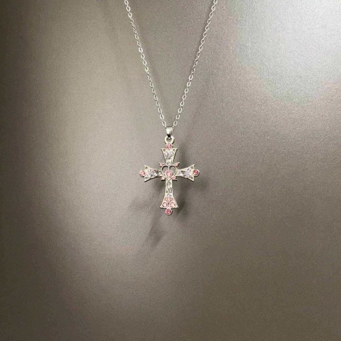 Vintage Vintage Pink Heart Cross Necklace