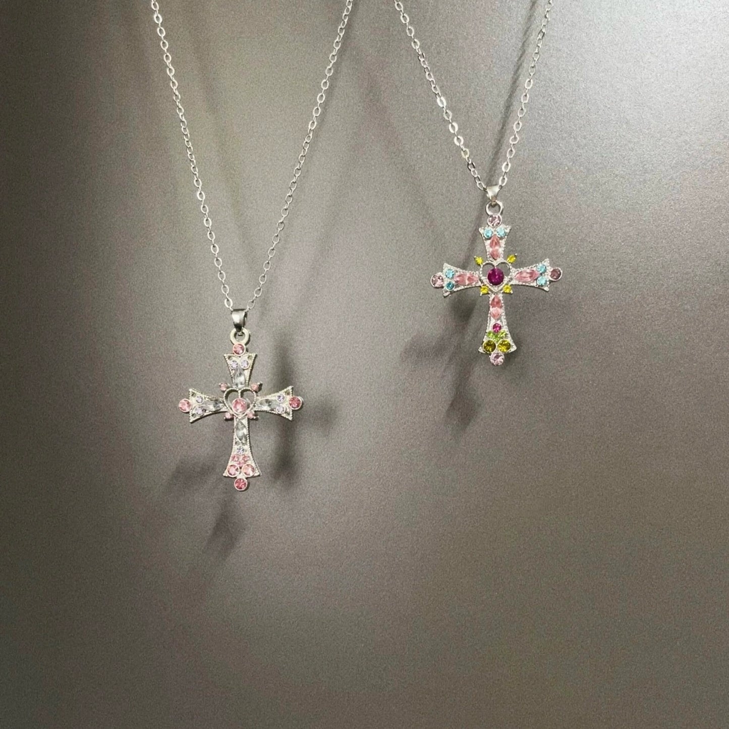 Vintage Vintage Pink Heart Cross Necklace