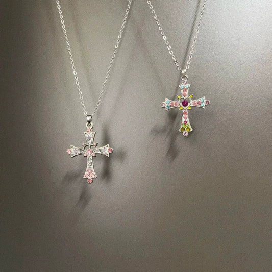 Vintage Vintage Pink Heart Cross Necklace