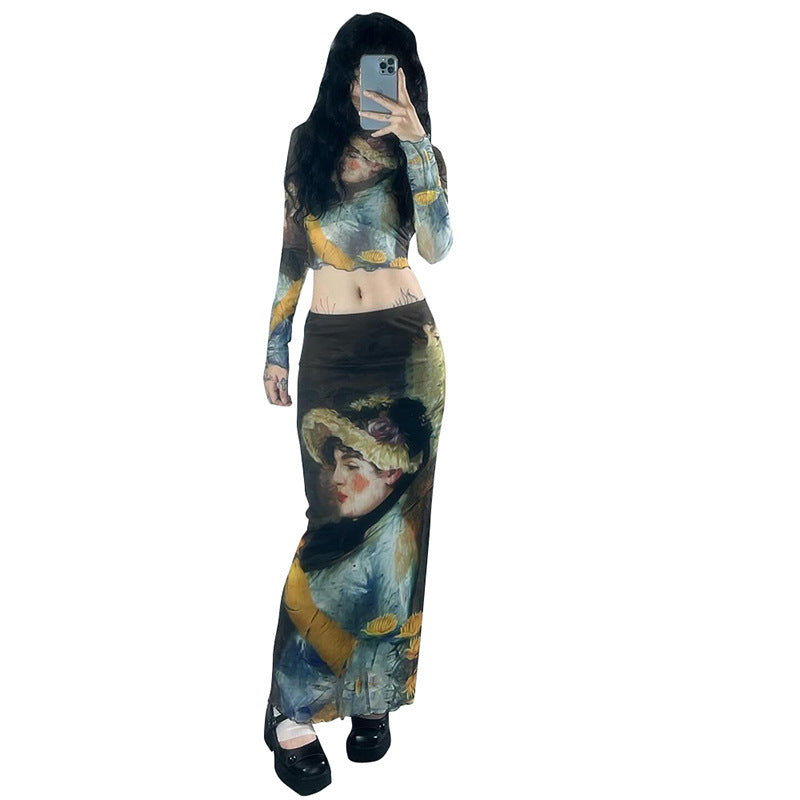 Y2K Grunge Collection- Vintage Paint Maxi Skirt Set