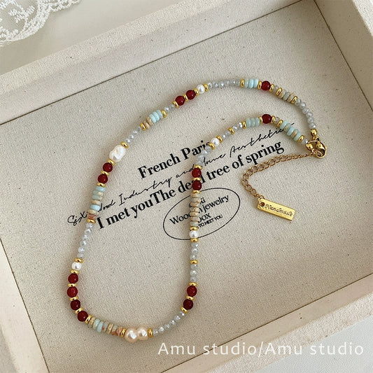 The Summer Dopamine Clavicle Chain – Natural Pearl & Gemstone Necklace