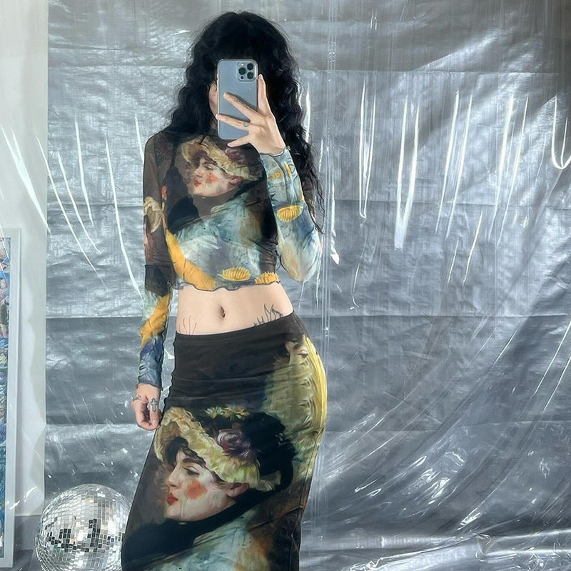 Y2K Grunge Collection- Vintage Paint Maxi Skirt Set