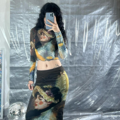 Y2K Grunge Collection- Vintage Paint Maxi Skirt Set