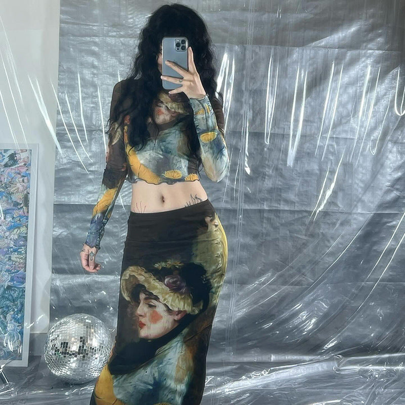 Y2K Grunge Collection- Vintage Paint Maxi Skirt Set