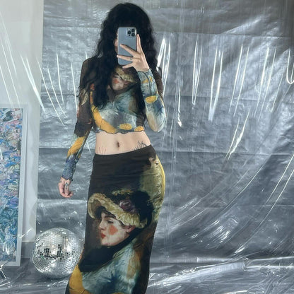 Y2K Grunge Collection- Vintage Paint Maxi Skirt Set