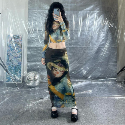 Y2K Grunge Collection- Vintage Paint Maxi Skirt Set