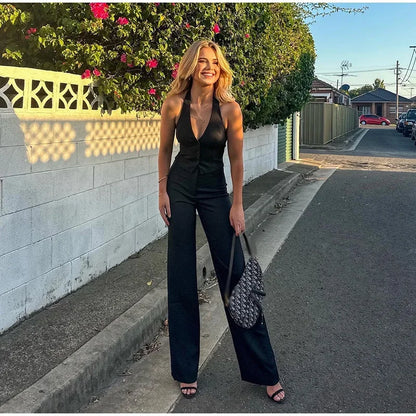 Classics Collection- Solid Halter Sleeveless Tank Set – Slim Straight Long Pants 2-Piece Suit for Women