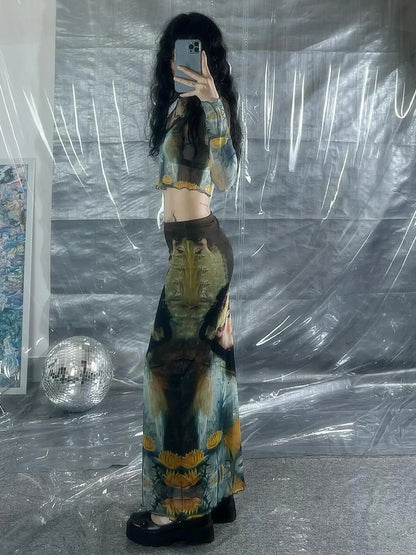 Y2K Grunge Collection- Vintage Paint Maxi Skirt Set