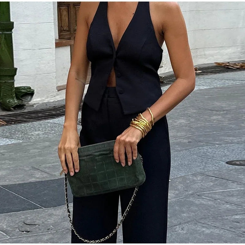 Classics Collection- Solid Halter Sleeveless Tank Set – Slim Straight Long Pants 2-Piece Suit for Women