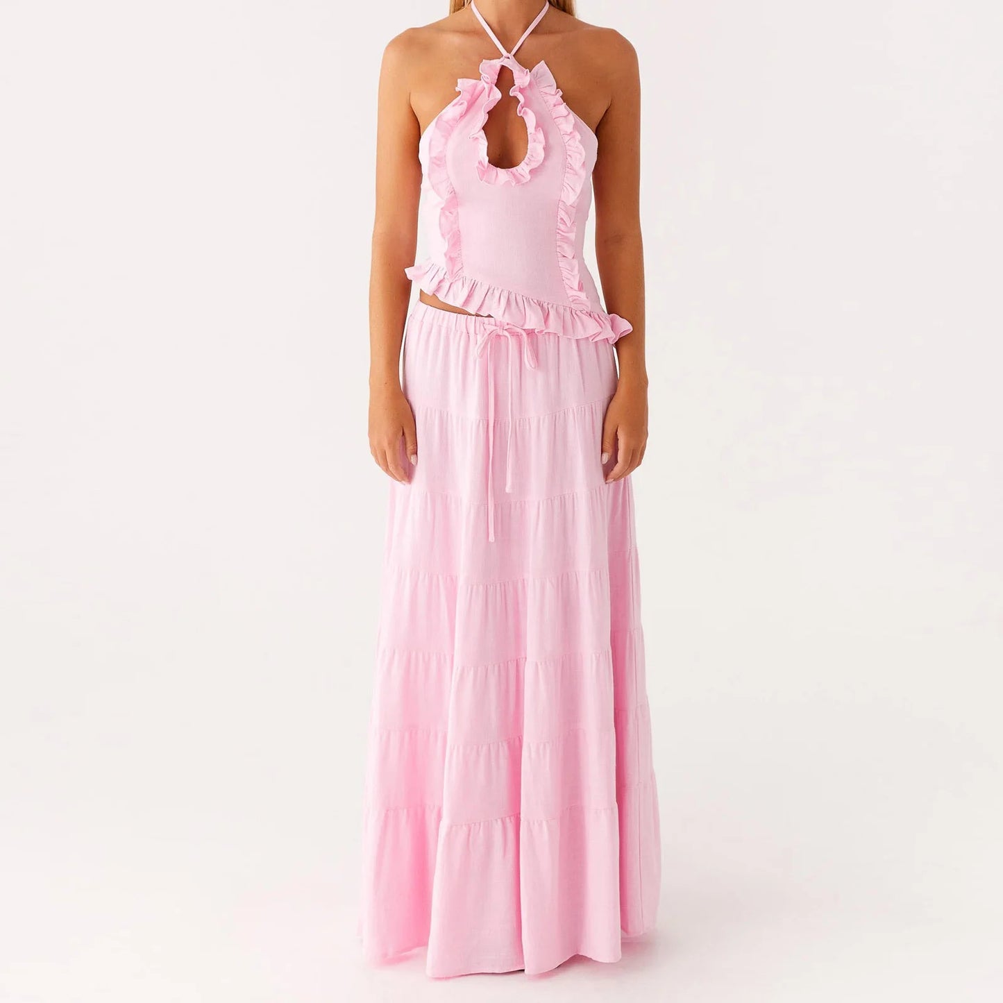Boho Y2K Collection- Ruffle Halter Maxi Skirt Set