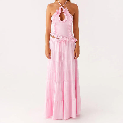 Boho Y2K Collection- Ruffle Halter Maxi Skirt Set