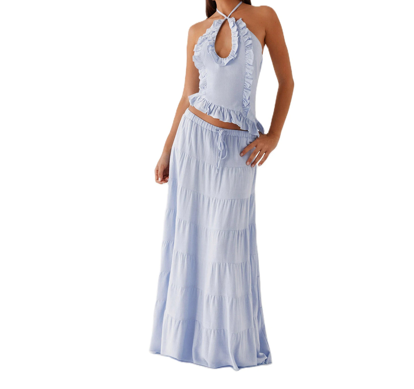 Boho Y2K Collection- Ruffle Halter Maxi Skirt Set
