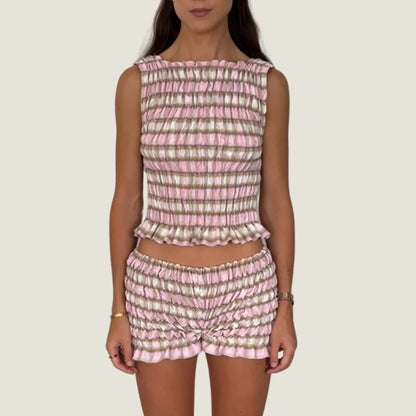 The Olivia Plaid Ruffle Summer Set – Smocked Tank & High-Waist Shorts