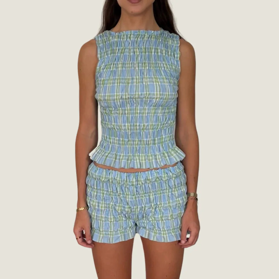 The Olivia Plaid Ruffle Summer Set – Smocked Tank & High-Waist Shorts