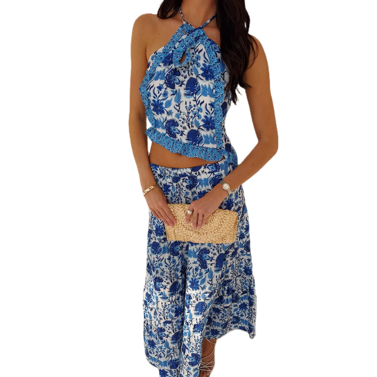 Boho Y2K Collection- Ruffle Halter Maxi Skirt Set