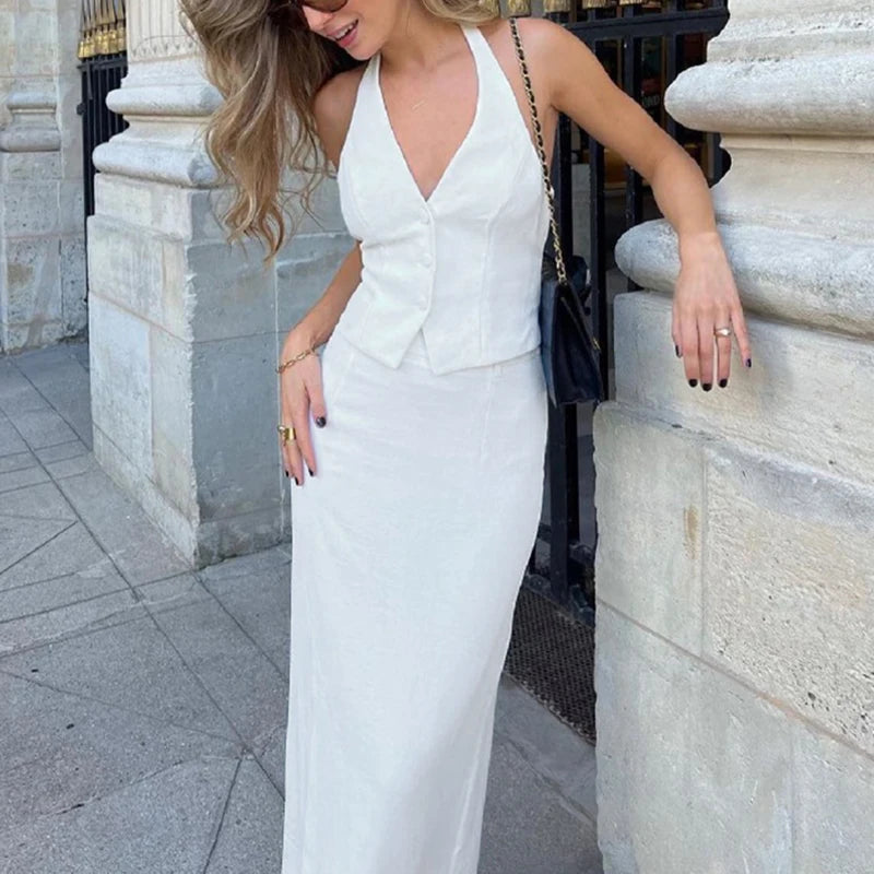 Classic Collection – Button-Up Halter Crop & Slit Maxi Skirt Set