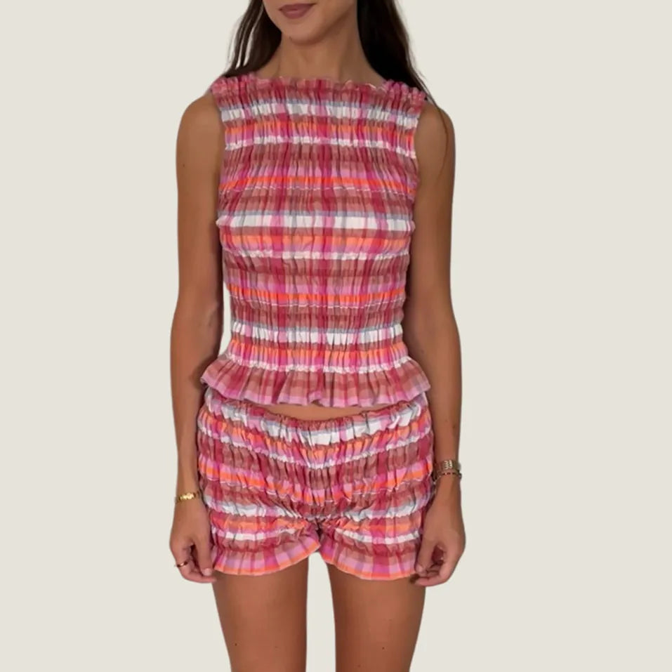 The Olivia Plaid Ruffle Summer Set – Smocked Tank & High-Waist Shorts