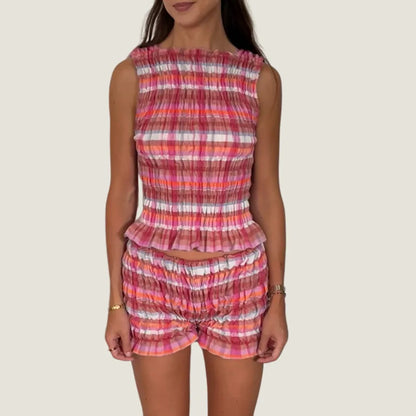 The Olivia Plaid Ruffle Summer Set – Smocked Tank & High-Waist Shorts