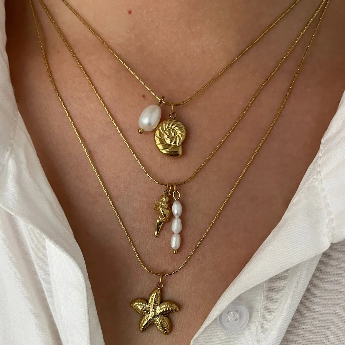 The Starfish & Shell Pendant Necklace – Trendy Stainless Steel Beach Jewelry