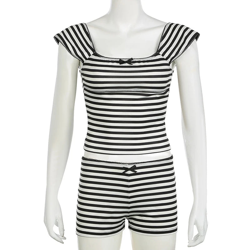 The Vintage Striped Two-Piece Set – Bow Crop Tank & Low-Waist Shorts
