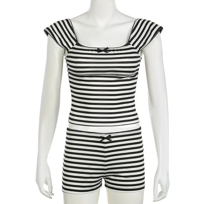 The Vintage Striped Two-Piece Set – Bow Crop Tank & Low-Waist Shorts