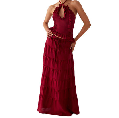 Boho Y2K Collection- Ruffle Halter Maxi Skirt Set