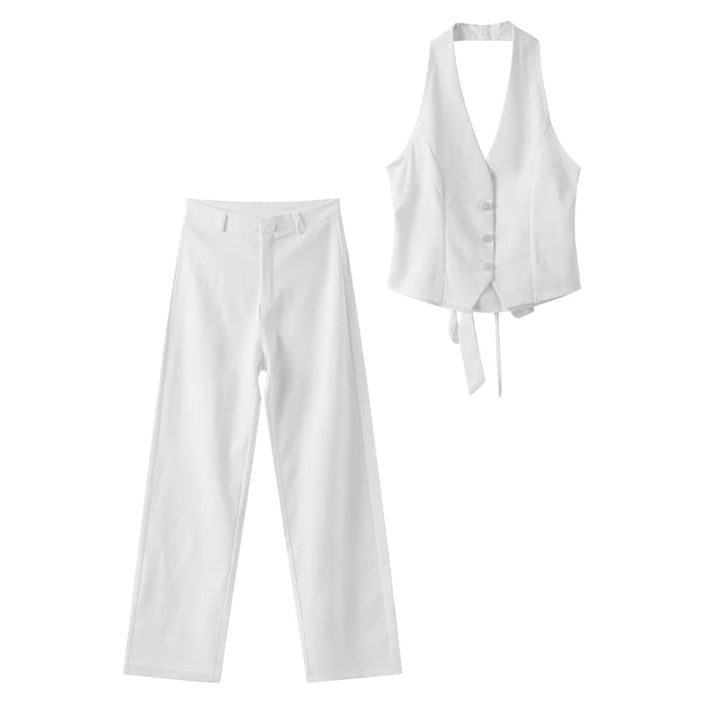 Classics Collection- Solid Halter Sleeveless Tank Set – Slim Straight Long Pants 2-Piece Suit for Women