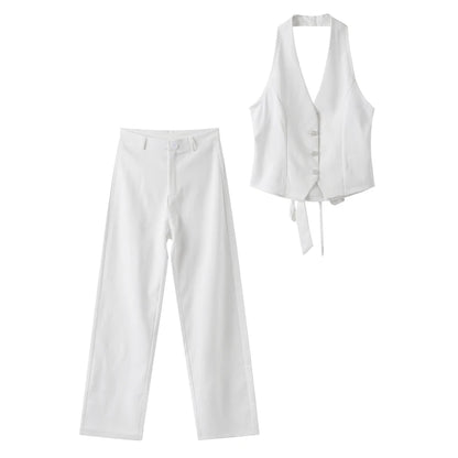 Classics Collection- Solid Halter Sleeveless Tank Set – Slim Straight Long Pants 2-Piece Suit for Women