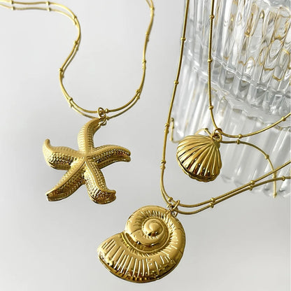 The Starfish & Shell Pendant Necklace – Trendy Stainless Steel Beach Jewelry