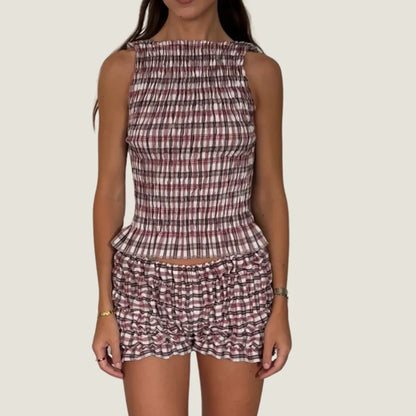 The Olivia Plaid Ruffle Summer Set – Smocked Tank & High-Waist Shorts