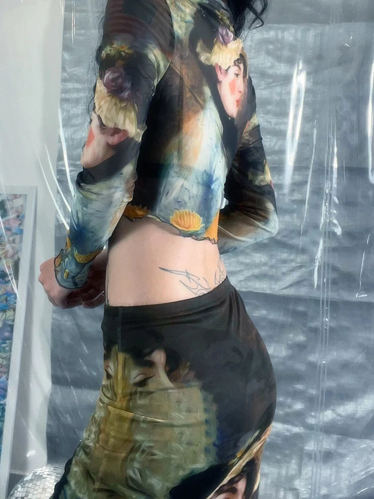 Y2K Grunge Collection- Vintage Paint Maxi Skirt Set