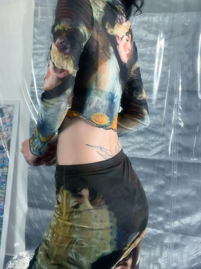 Y2K Grunge Collection- Vintage Paint Maxi Skirt Set