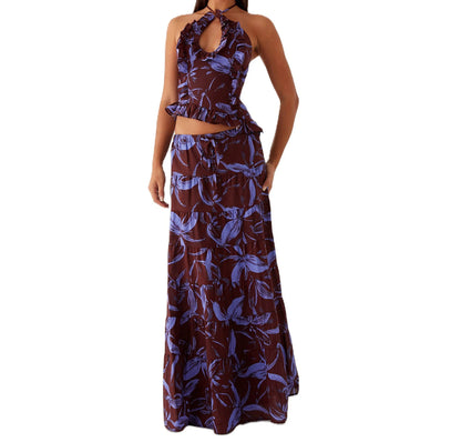 Boho Y2K Collection- Ruffle Halter Maxi Skirt Set