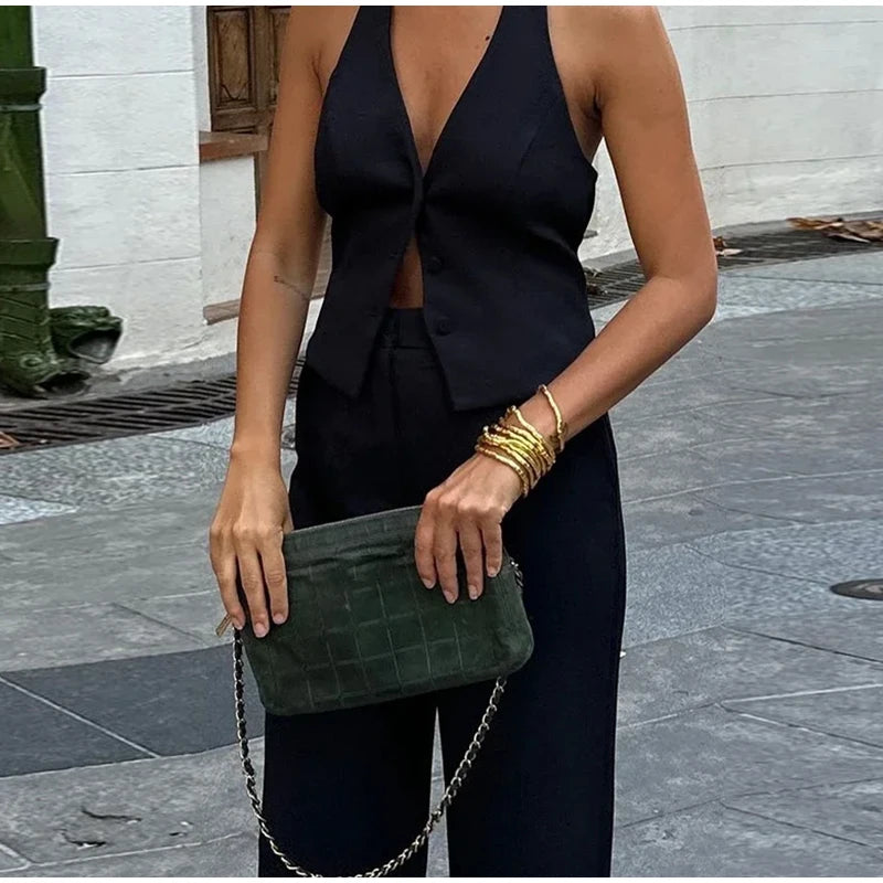 Classics Collection- Solid Halter Sleeveless Tank Set – Slim Straight Long Pants 2-Piece Suit for Women