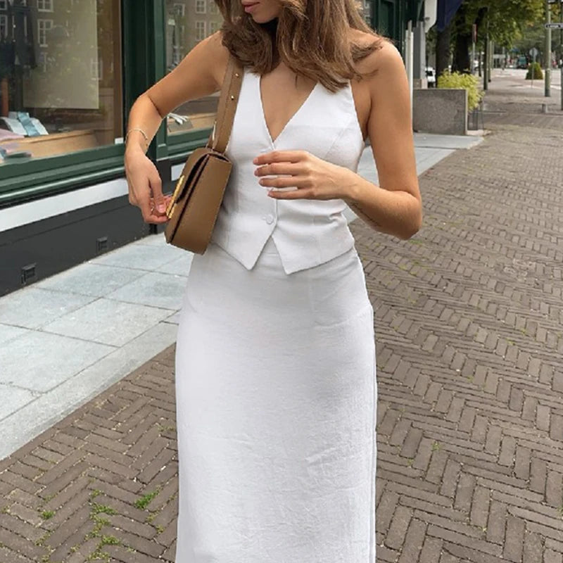 Classic Collection – Button-Up Halter Crop & Slit Maxi Skirt Set