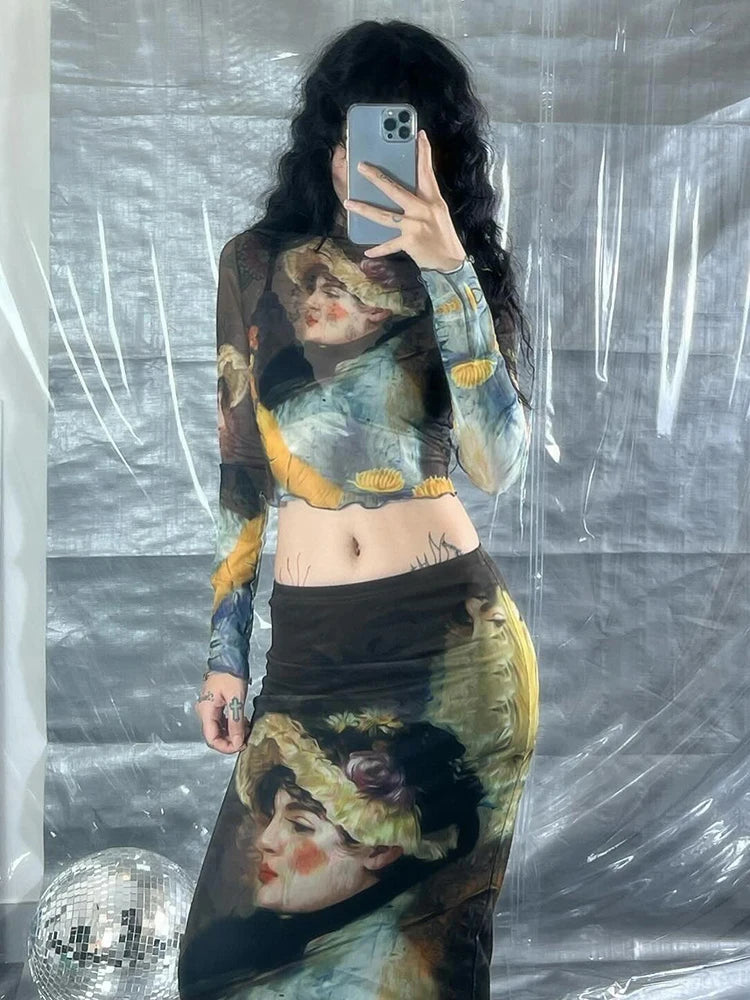 Y2K Grunge Collection- Vintage Paint Maxi Skirt Set