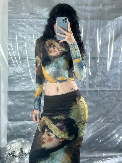 Y2K Grunge Collection- Vintage Paint Maxi Skirt Set