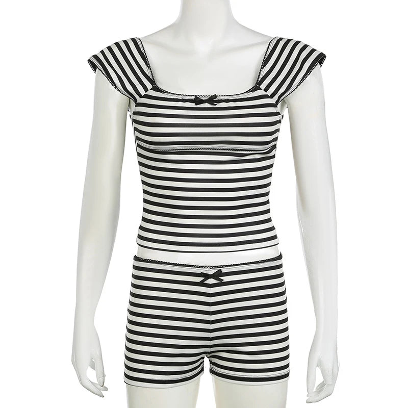 The Vintage Striped Two-Piece Set – Bow Crop Tank & Low-Waist Shorts
